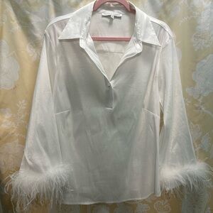 Preston & York long-sleeve button-down shirt with feather trim on the cuffs.